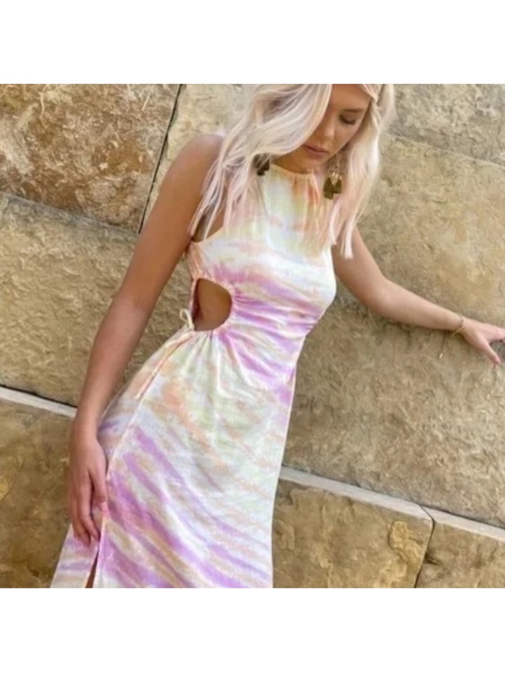Young Fabulous & Broke Sleeveless Pastel Tie-Dye Cutout Midi Dress size medium